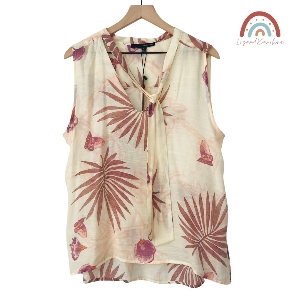 New! Harve Bernard Tropical Palms Floral Tie Neck Blouse Top